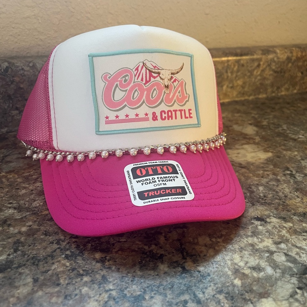 OTTO Hot Pink Trucker Hat w/ Pearl & Rhinestone Trim